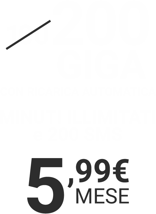 200 GIGA, MINUTI ILLIMITATI E 200 SMS. 5,99€/MESE