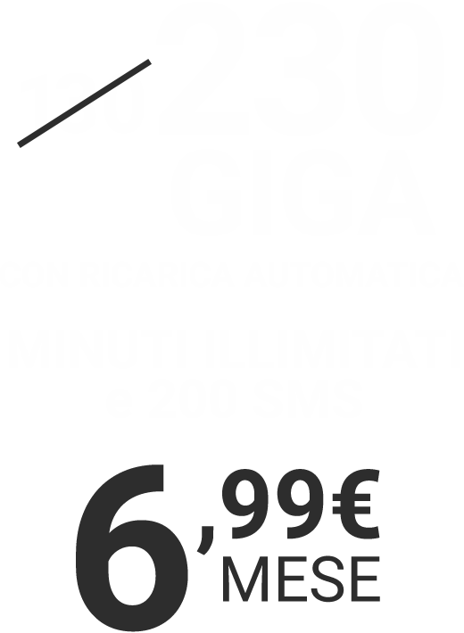 230 GIGA, MINUTI ILLIMITATI E 200 SMS. 6,99€/MESE